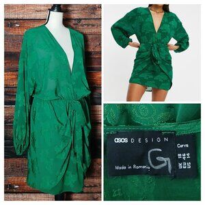 NWT ASOS Curve Design Mini Dress Size 14 Plunge Tie Front Green Floral Jacquard